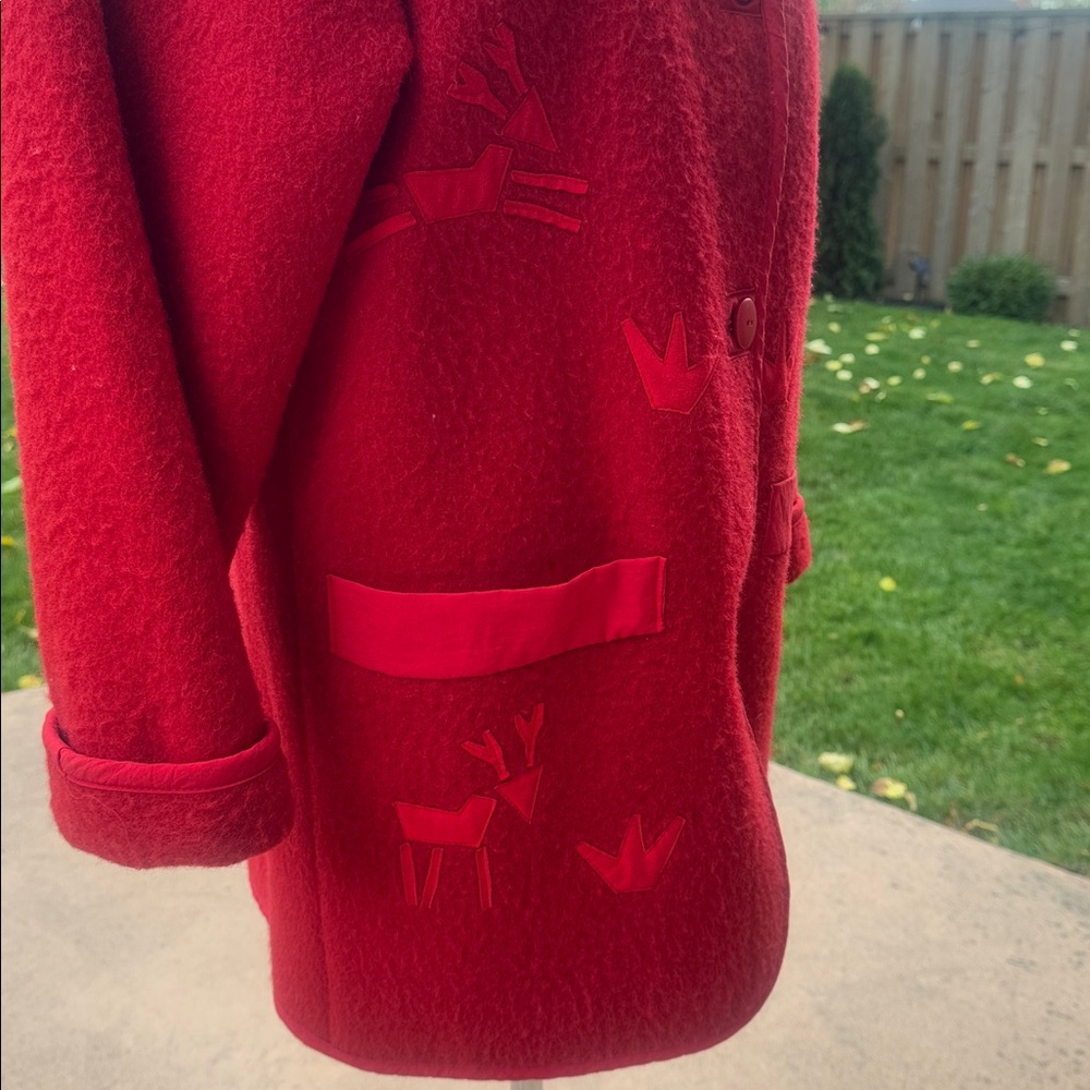 Vintage 4 Saison Canada Inuvik Boiled Wool Red Reindeer Christmas Jacket S - Picture 3 of 9